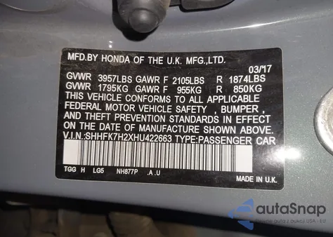 2017 Honda Civic Lx from USA, damaged, VIN SHHFK7H2XHU422663